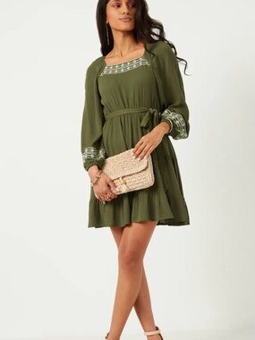 Hayden Los Angeles Olive Embroidered Long-Sleeve Tie Waist Mini Dress Small Fit